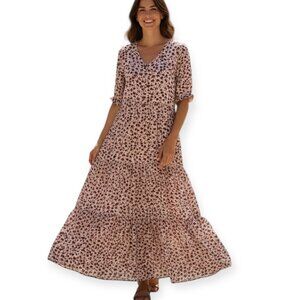 Fratini M Wine Floral Maxi Dress Boho Burgundy Ruffle Sleeve Tiered Side Zip